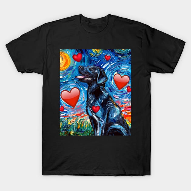 Black Labrador Night with hearts T-Shirt by sagittariusgallery